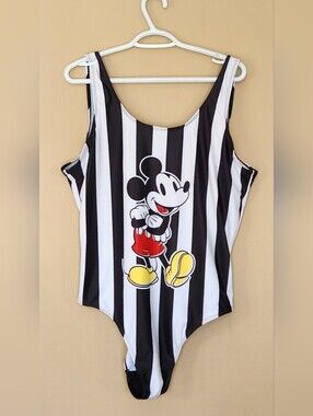 Disney Womens Mickey Mouse Referee Striped Black White Swimsuit Sz US16